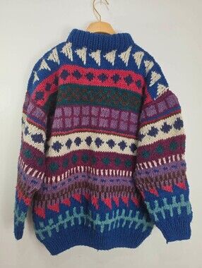 Vintage Handmade 100% Wool Chunky Aztec Sweaters Multicolor